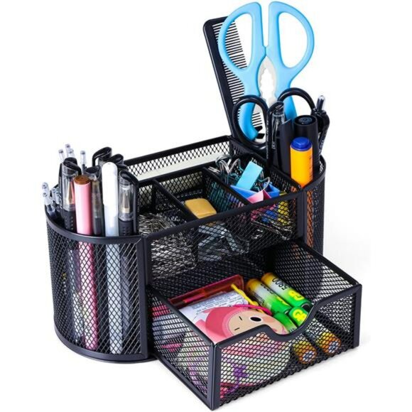 Black mesh pen holder desk organizer with drawer pencil and marker storage caddy - Picture 1 of 8
